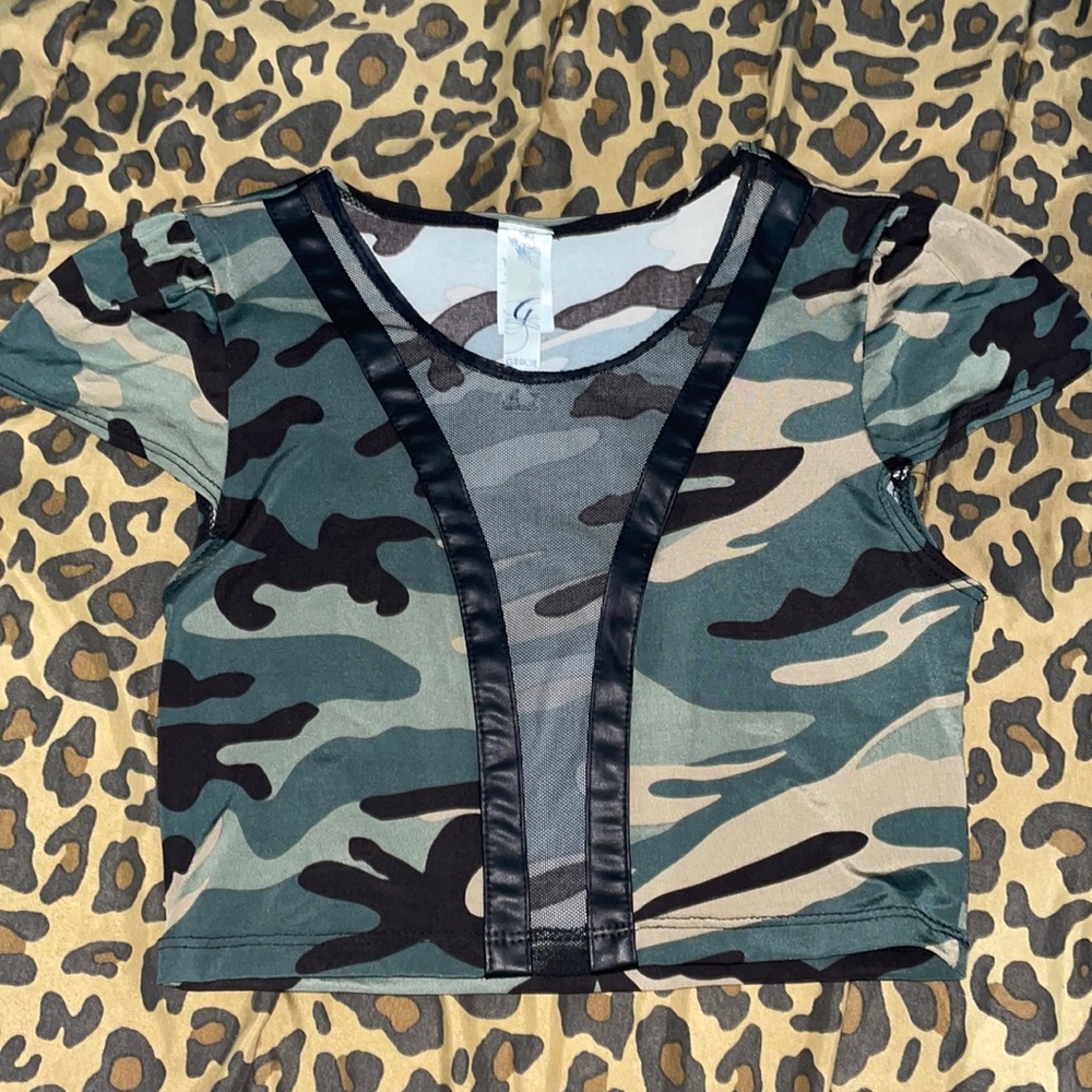 medium crop camo top with sheer front